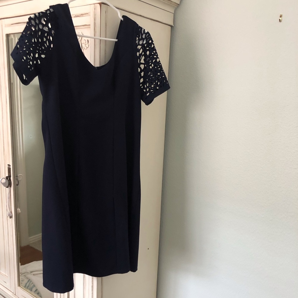 Navy dress with lace sleeves